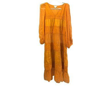 Sundance Romance Embroidered Lace Sheer Dress V Neck Rust Sz Small Boho Hippie